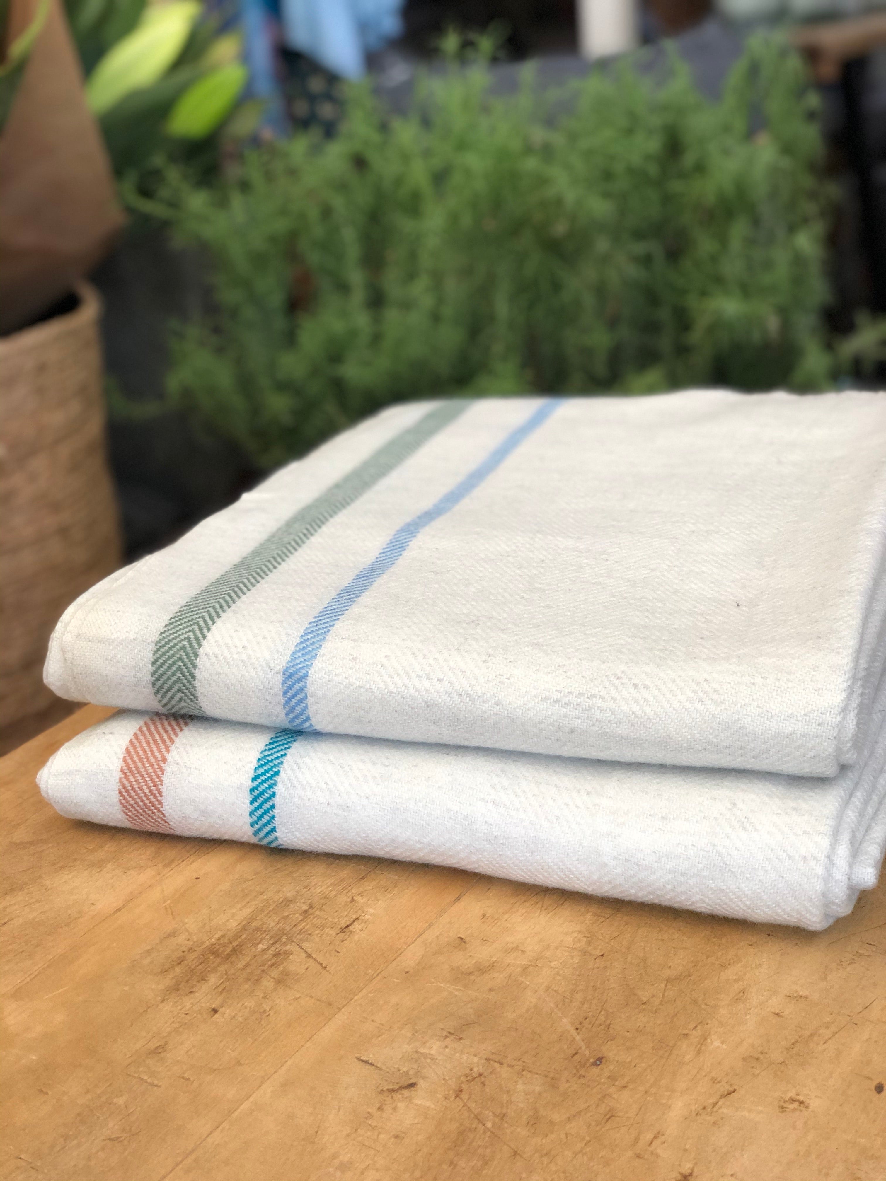 Cashmere and Wool Blanket - Natural with sage & sky stripe